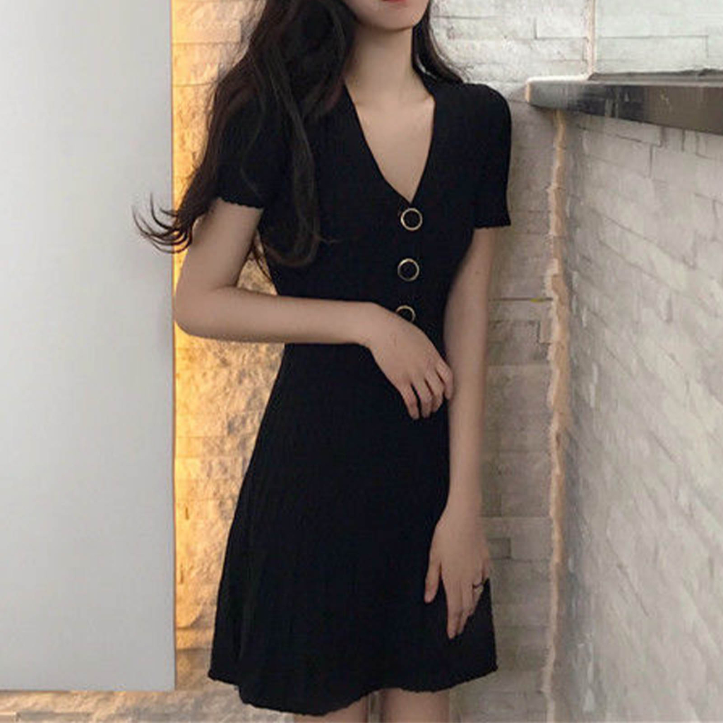 Frontline Người Phụ Nữ Tay Ngắn Ôm Vừa Vặn Đầm Cài Nút Một Đường Áo Cổ Chữ V Cho Mùa Hè