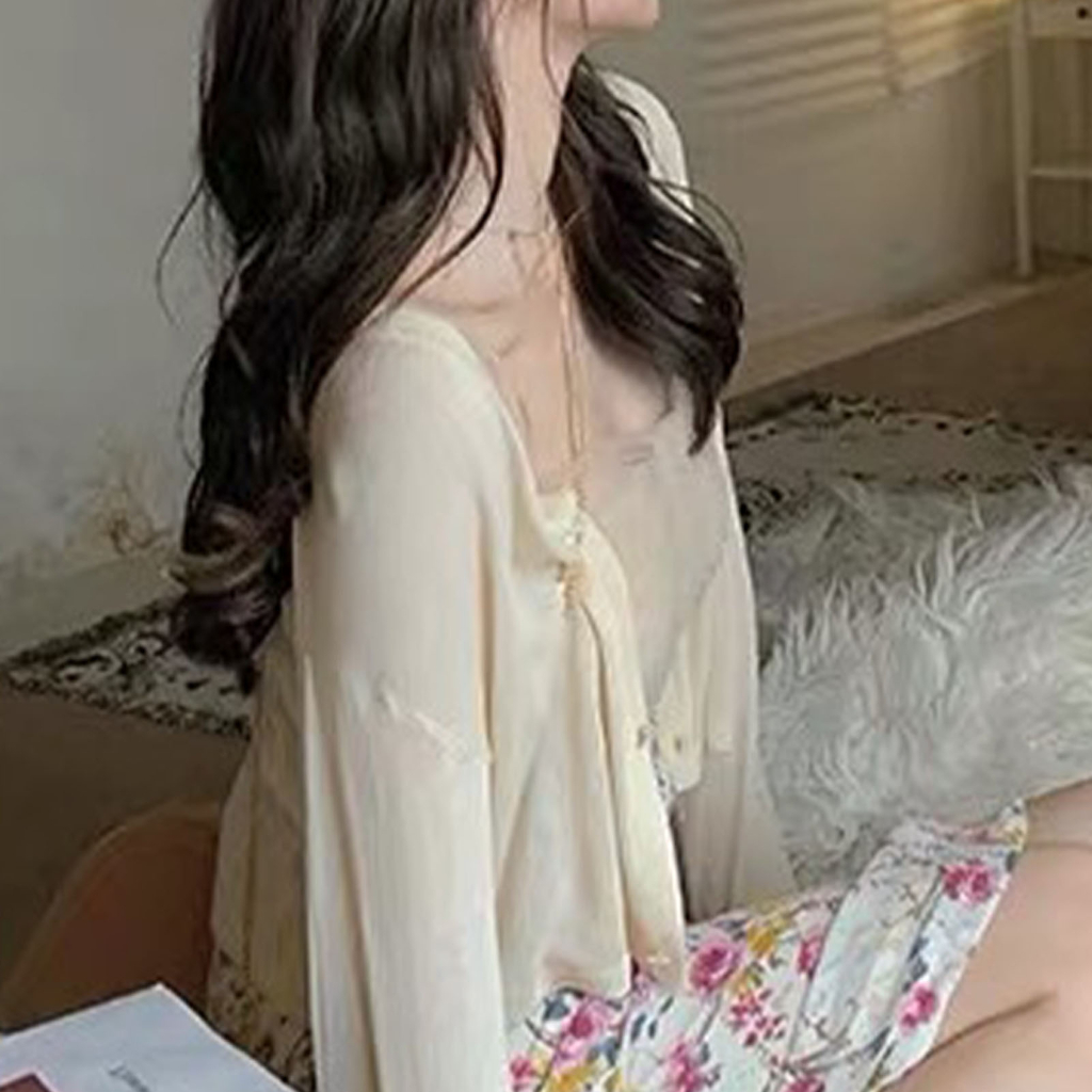 Frontline Phụ Nữ Hở Mặt Trước Dài Tay Nút Lên Thoáng Khí Đa Năng Băng Lụa Áo Cho Mùa Hè