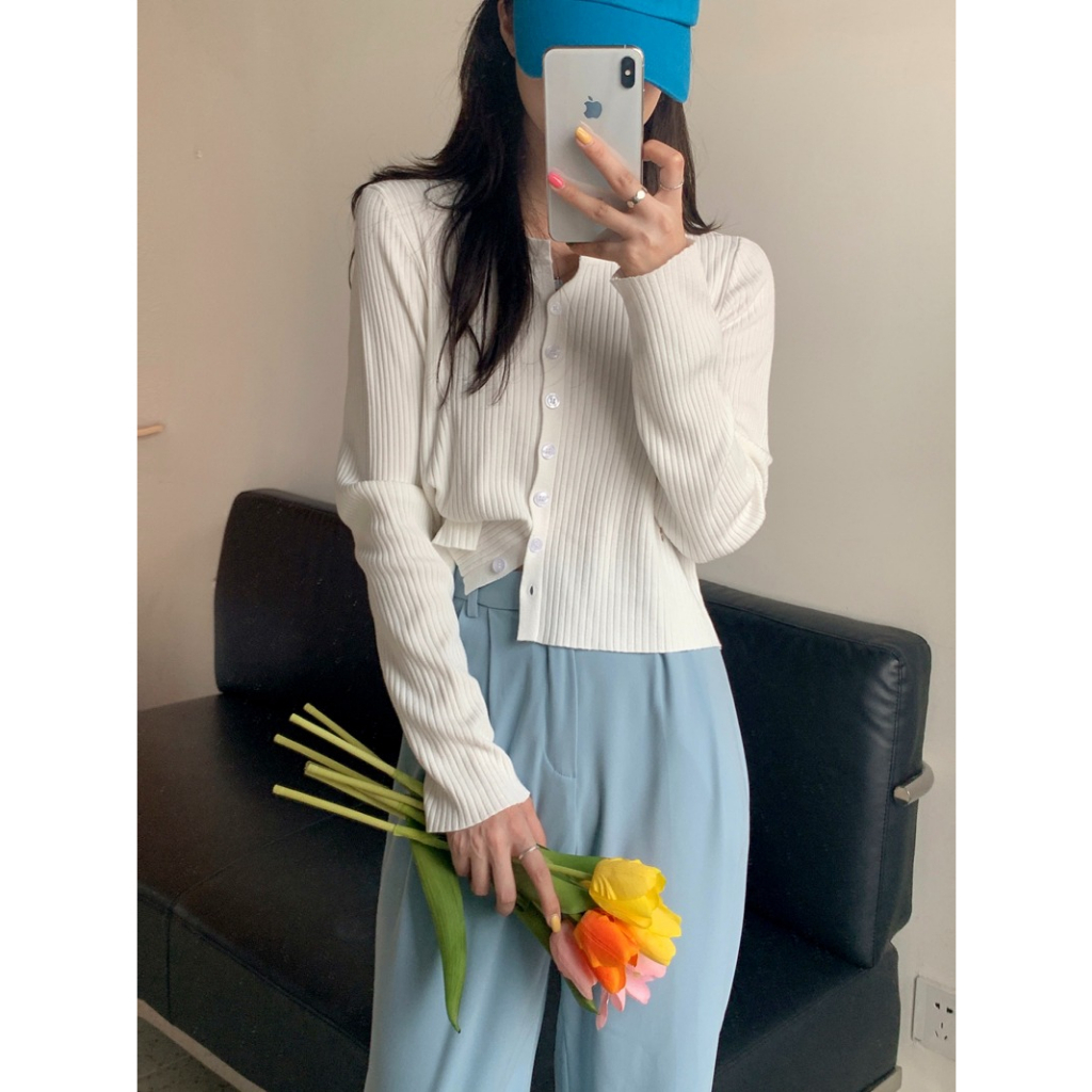 ZHELIHANGFEI Áo Khoác Cardigan Dệt Kim Tay Dài Cổ Chữ V Eo Cao Phong Cách Pháp