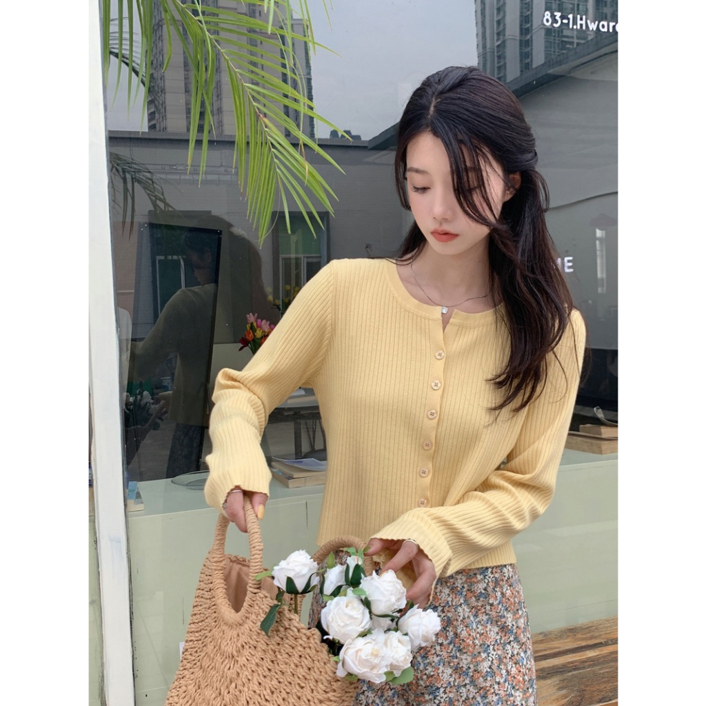 ZHELIHANGFEI Áo Khoác Cardigan Dệt Kim Tay Dài Cổ Chữ V Eo Cao Phong Cách Pháp