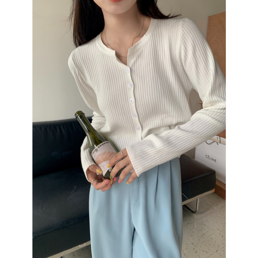 ZHELIHANGFEI Áo Khoác Cardigan Dệt Kim Tay Dài Cổ Chữ V Eo Cao Phong Cách Pháp