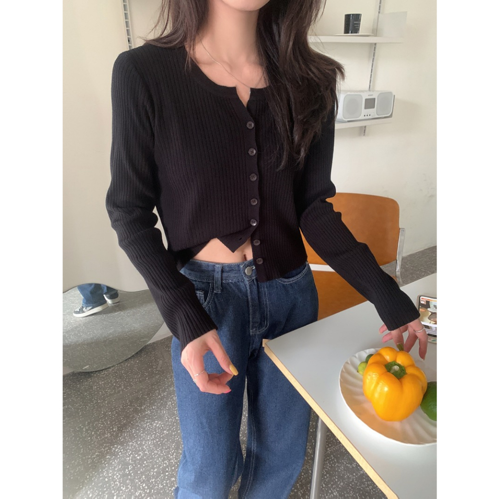 ZHELIHANGFEI Áo Khoác Cardigan Dệt Kim Tay Dài Cổ Chữ V Eo Cao Phong Cách Pháp