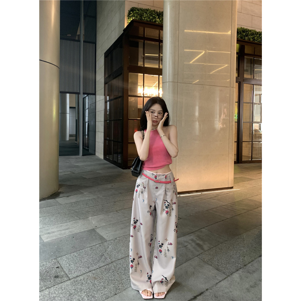【COLORBLLIND】Quần Ống Rộng Họa Tiết Màu + Áo Vest Dệt Kim Ngắn Lưng Cao Không Tay