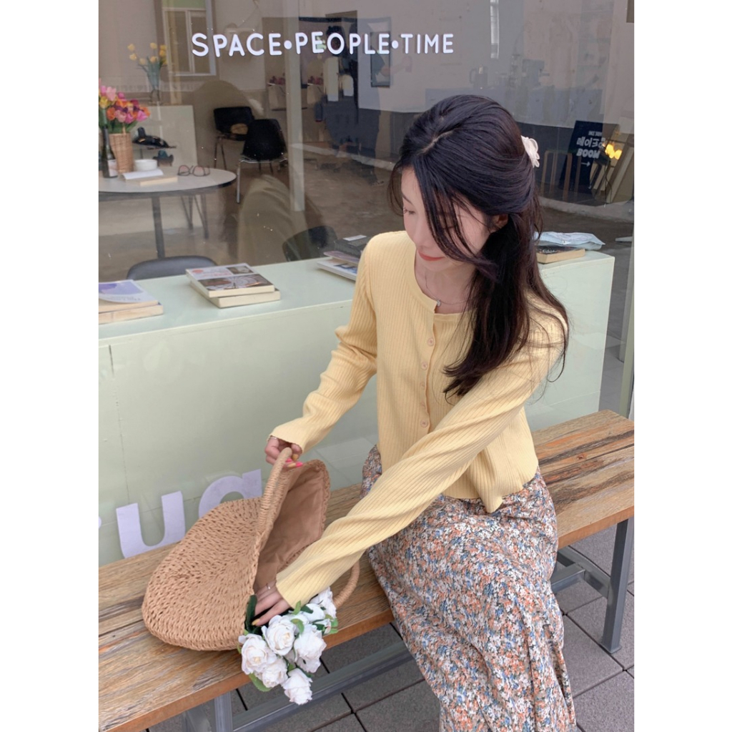 ZHELIHANGFEI Áo Khoác Cardigan Dệt Kim Tay Dài Cổ Chữ V Eo Cao Phong Cách Pháp