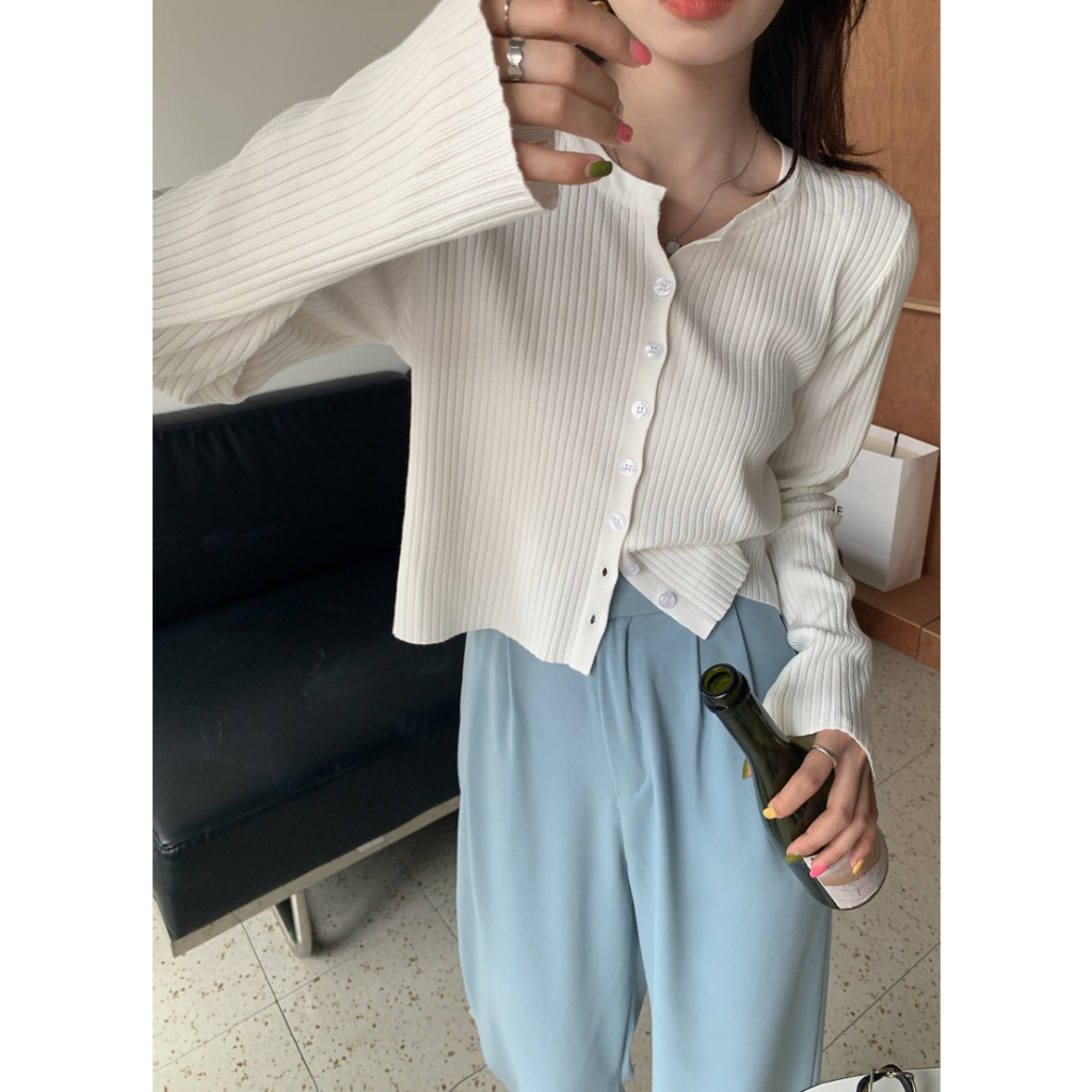 ZHELIHANGFEI Áo Khoác Cardigan Dệt Kim Tay Dài Cổ Chữ V Eo Cao Phong Cách Pháp