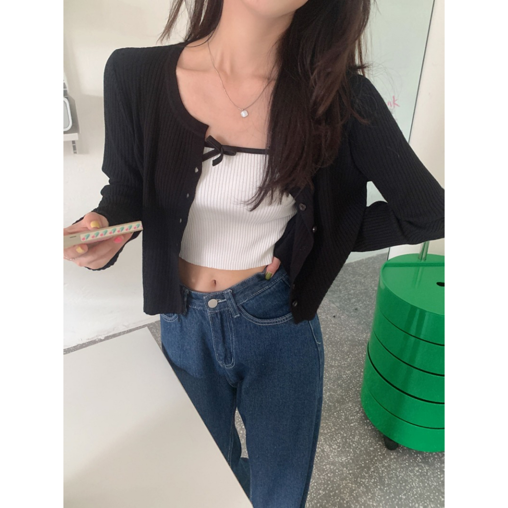 ZHELIHANGFEI Áo Khoác Cardigan Dệt Kim Tay Dài Cổ Chữ V Eo Cao Phong Cách Pháp