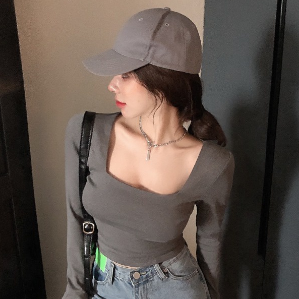 Áo thun COZOK tay dài cổ vuông dáng ôm thời trang quyến rũ cho nữ