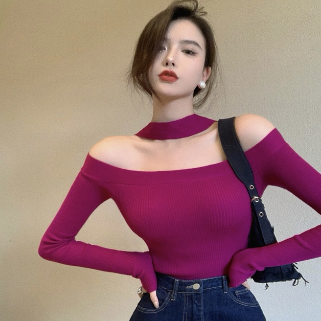 Áo dệt kim tay dài trễ vai dáng ôm thời trang quyến rũ cho nữ COZOK