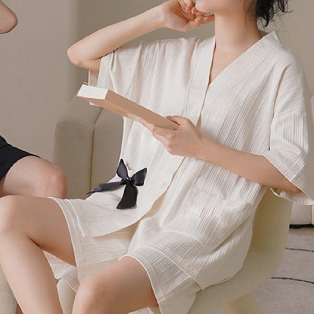 ReadyGo Bộ đồ ngủ nữ họa tiết gấu ngắn trên quần thoáng khí áo | BigBuy360 - bigbuy360.vn
