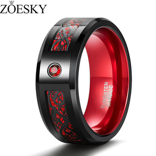  Zoesky 8MM Nhẫn vonfram Đen   Đỏ Cubic Zirconia Vĩnh Cửu Nhẫn Cz Celtic Dragon Wedding Band Beveled Edge cho Nam Size 7-13 