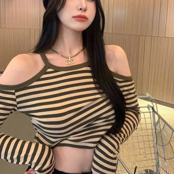 Áo thun COZOK tay dài trễ vai họa tiết kẻ sọc thời trang quyến rũ