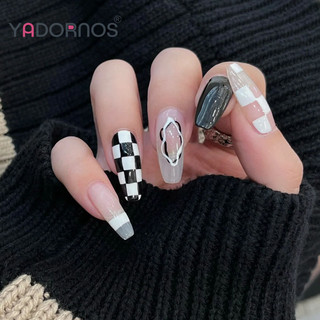YADORNOS Bộ 24 móng tay giả dáng dài phối màu đen xinh xắn