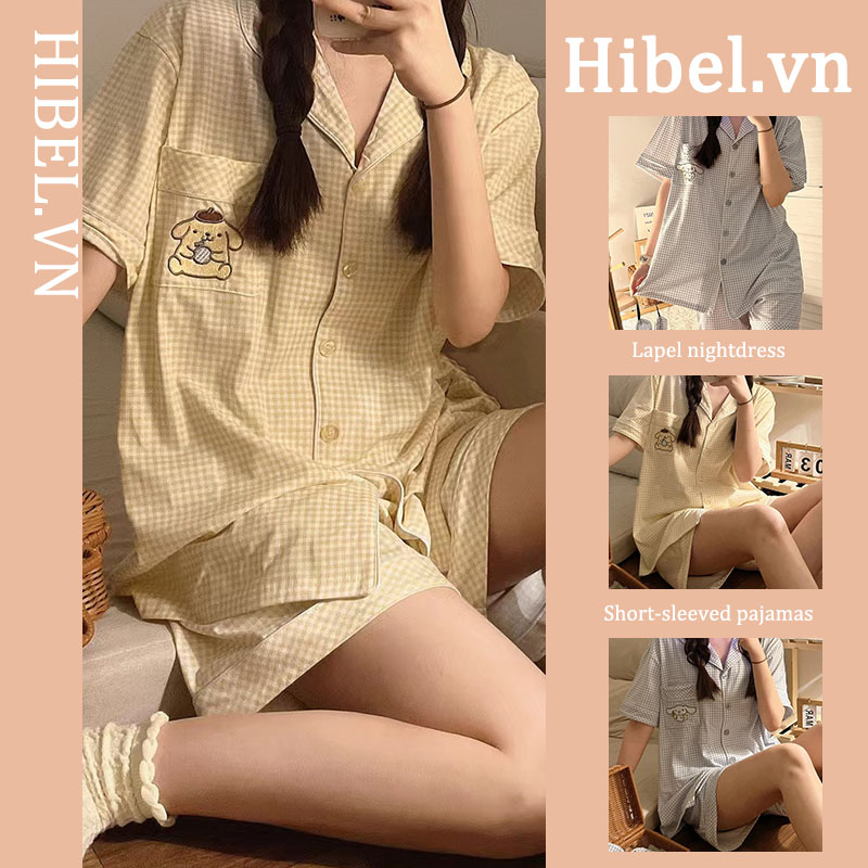 Bộ Đồ Ngủ Ngắn Hai Mảnh Họa Tiết Caro In Hình Cún Dễ Thương Thời Trang Mùa Hè Phong Cách Hàn Quốc Cho Nữ
