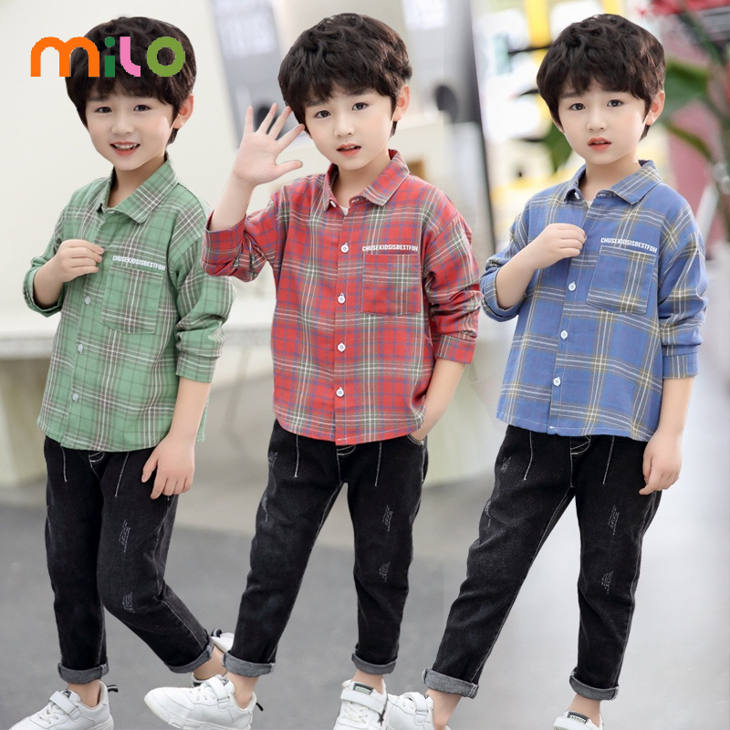 Milo Áo Khoác Sơ Mi Tay Dài Vải cotton Họa Tiết Sọc Caro Cho Bé Trai