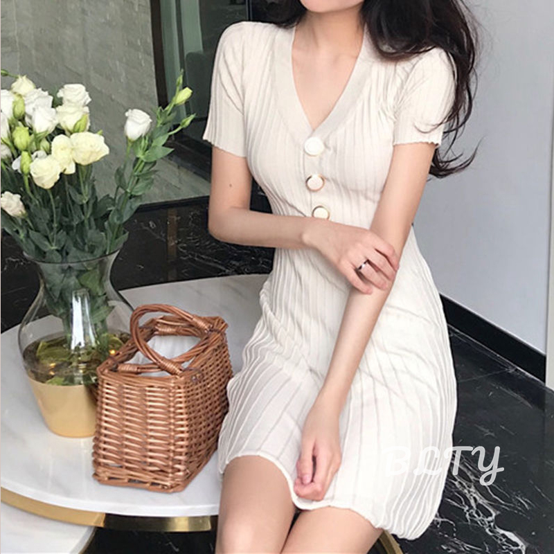 BLTY Đầm Cổ Chữ V Màu Hồng Xinh Xắn Thiết Kế Mới Ngọt Ngào Thời Trang