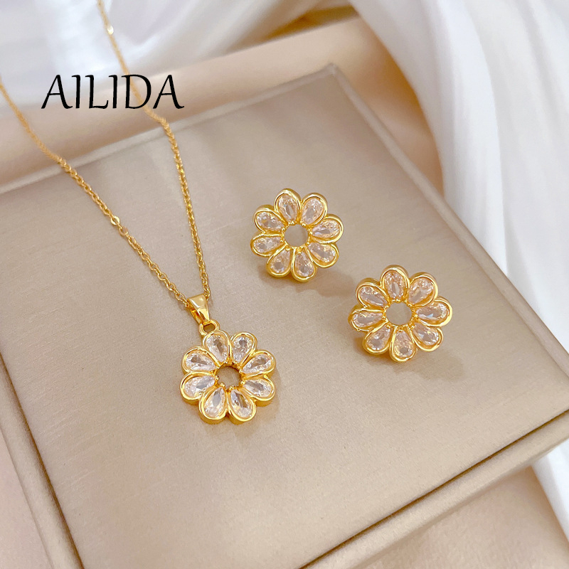 Bộ Dây Chuyền + Bông Tai Bằng Thép Titan Hình Tròn Đính Kim Cương Giả Sang Trọng Cho Nữ