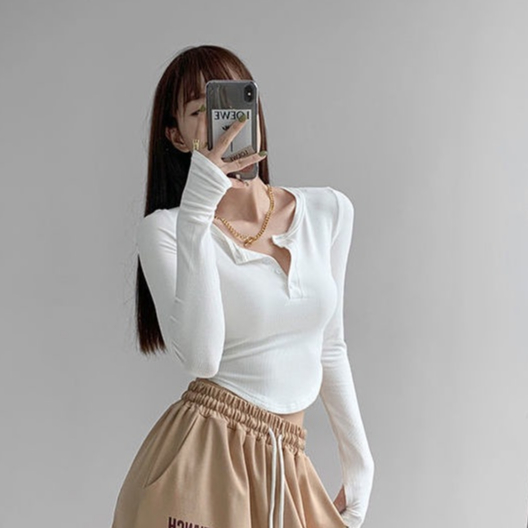 Áo thun COZOK lửng tay dài dáng ôm hở rốn thời trang