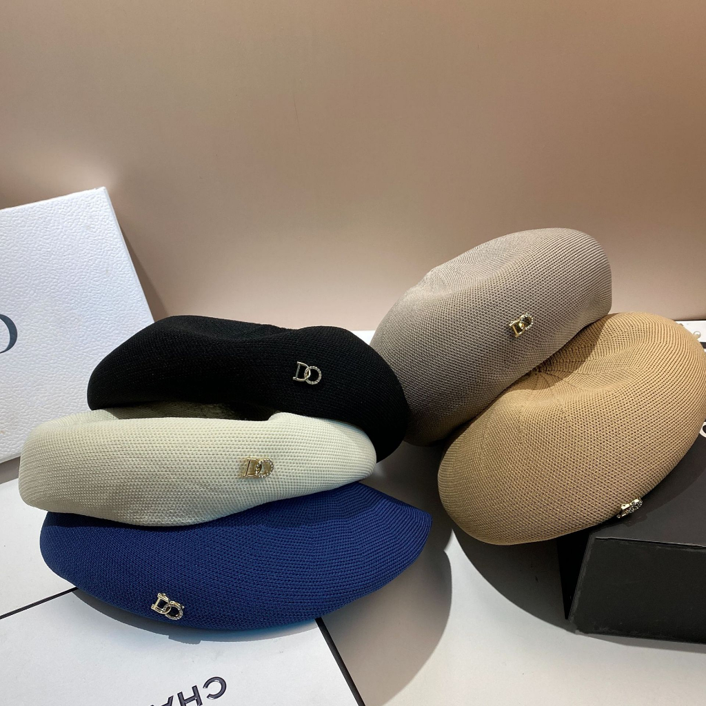 Mũ Beret Dệt Kim Mỏng Màu Trắng / Đen Đính Đá Chữ Phong Cách Hàn Quốc Thời Trang Xuân Hè 2023 Cho Nữ