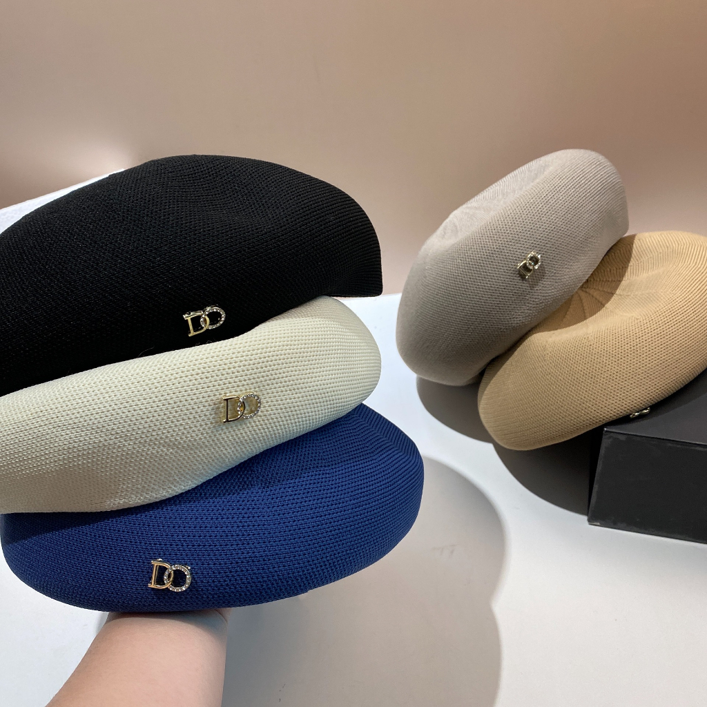 Mũ Beret Dệt Kim Mỏng Màu Trắng / Đen Đính Đá Chữ Phong Cách Hàn Quốc Thời Trang Xuân Hè 2023 Cho Nữ