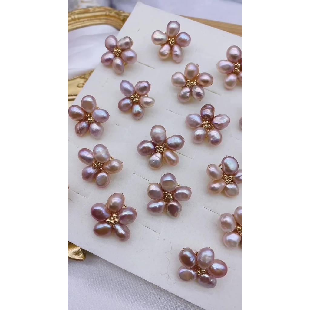 Bông Tai Mạ Bạc 925 Hình Cánh Hoa Đính Ngọc Trai Phong Cách Retro