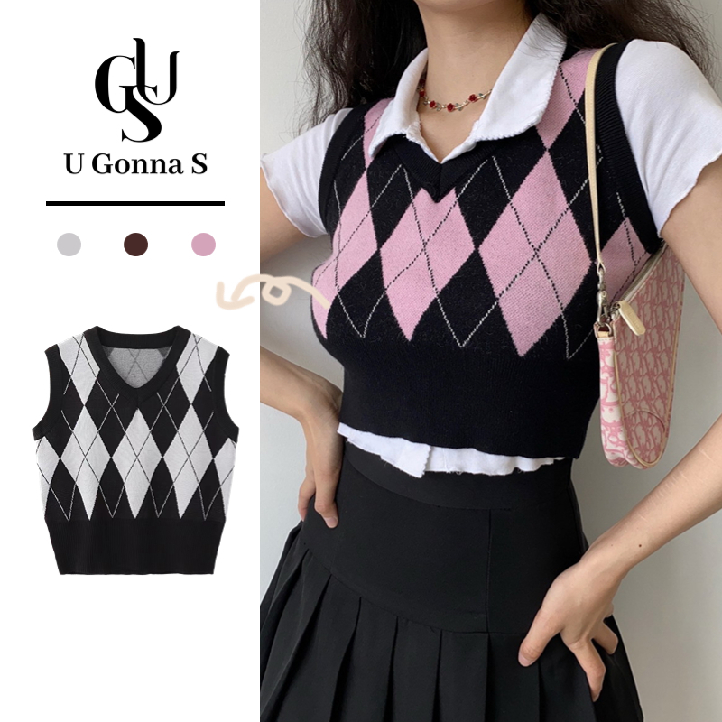 U Gonna S Áo kiểu U GONNA S dệt kim sát nách cổ chữ V họa tiết sọc ca rô phong cách Hàn Quốc retro thời trang dành cho nữ