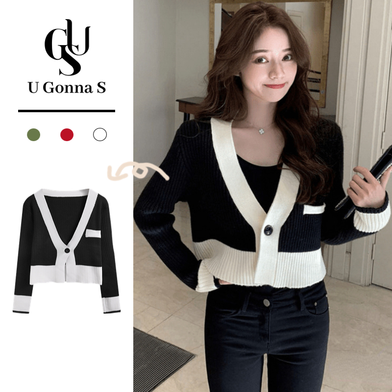 U Gonna S Áo khoác nữ 3 màu Cổ chữ V Dài tay chặt Ngắn dệt kim Phong cách Cổ điển Công sở Thanh lịch Siêu mềm Giản dị