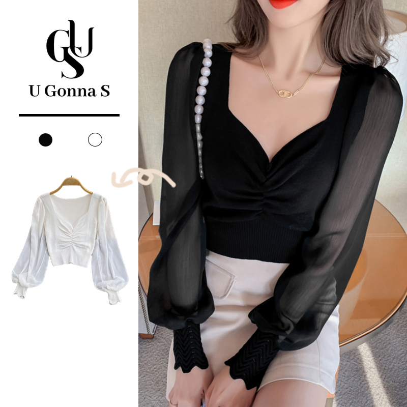 U Gonna S Áo kiểu U GONNA S tay dài bo gấu dệt kim chiffon siêu mềm mại phong cách cổ điển thanh lịch quyến rũ cho nữ