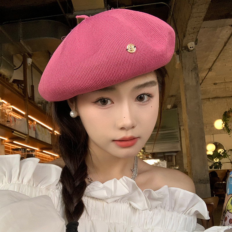 Mũ Beret Mỏng Thoáng Khí Phong Cách Họa Sĩ Màu Hồng Hồng Thời Trang Mùa Hè Cho Nữ