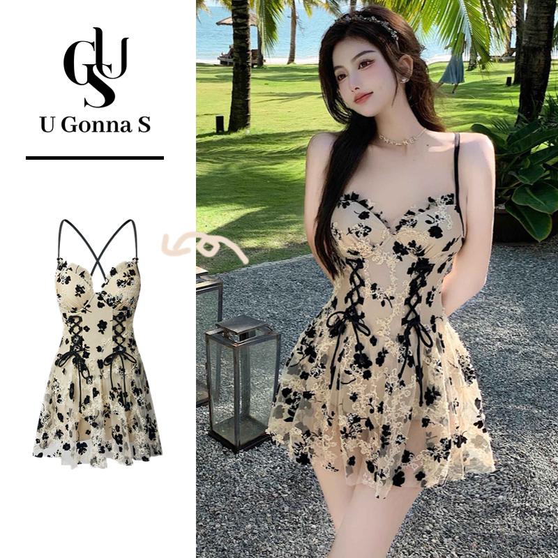 U Gonna S Bikini đi biển 1 mảnh liền thân cạp cao sexy hở lưng tiểu thư kiểu Hàn Quốc 2023
