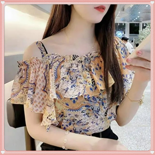 Áo Kiểu Trễ Vai Phối Bèo Nhún Thời Trang Quyến Rũ Cho Nữ