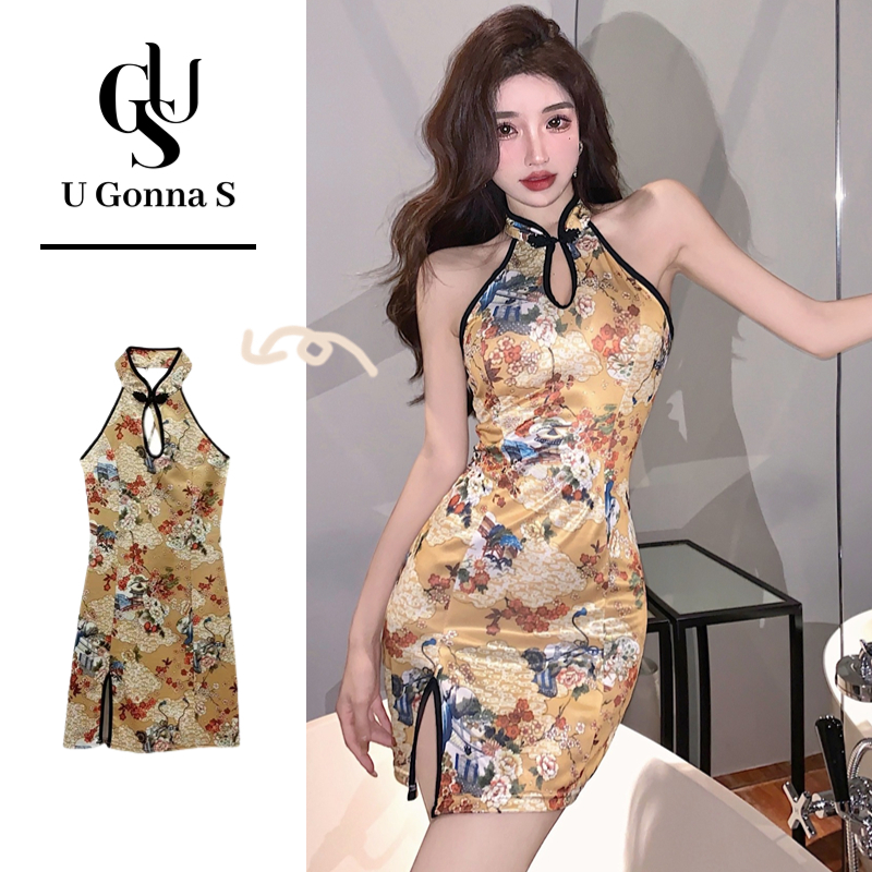 U Gonna S Váy nữ sườn xám cách tân tay ngắn nhỏ Bodycon Phong cách Trung Quốc phong cách thanh lịch supersoft bữa tiệc nóng