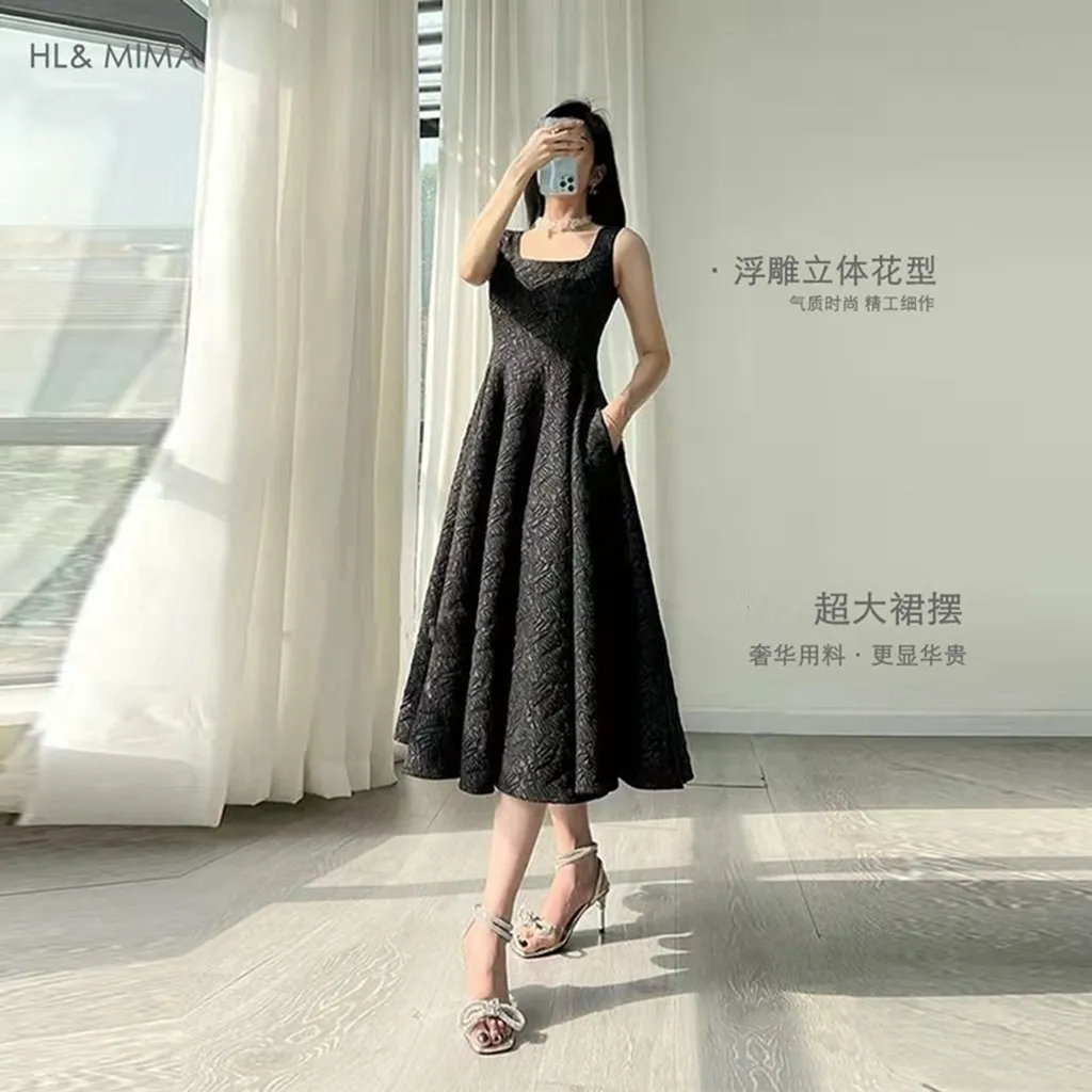 Đầm Hai Dây Cổ Vuông Lưng Hẹp Họa Tiết Dập Nổi Cổ Điển Cao Cấp Có Khóa Kéo Thời Trang Cho Nữ