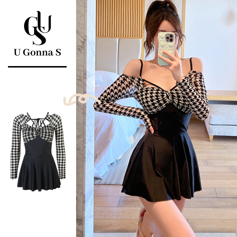 Set đồ tắm U GONNA S hai mảnh tay dài cổ yếm phong cách kín đáo Hàn Quốc màu thanh lịch 2023 đơn giản quyến rũ cho nữ