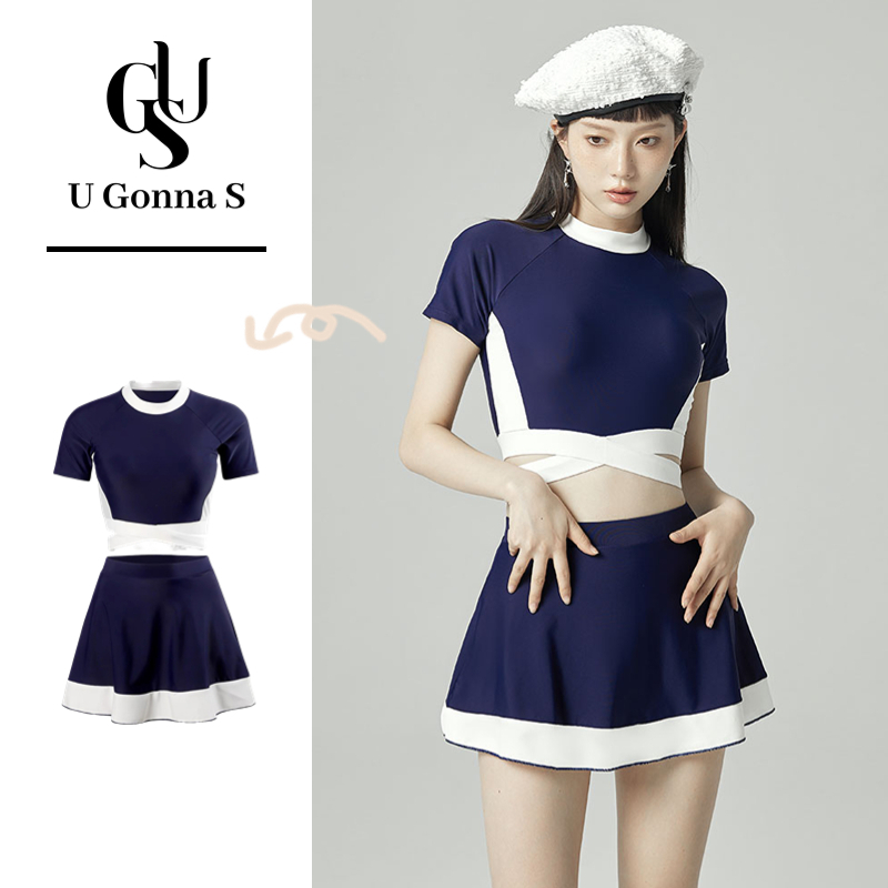 Set đồ tắm U GONNA S 2 mảnh tay ngắn có đệm ngực và chân váy kín đáo màu trơn thời trang Hàn Quốc thể thao 2023 cho nữ