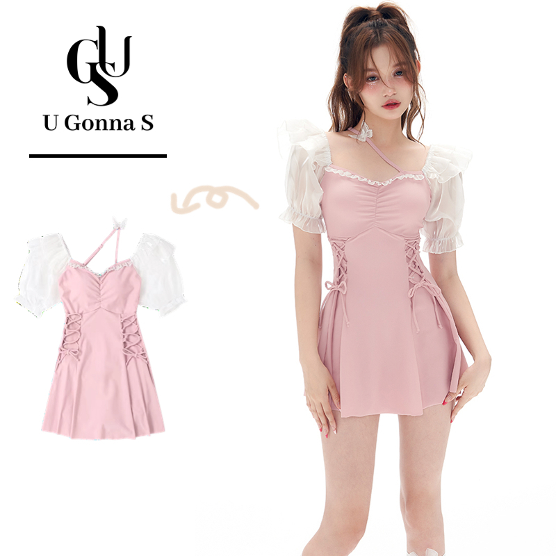 Đồ bơi liền mảnh U GONNA S tay ngắn có đệm ngực co giãn màu trơn phong cách Hàn Quốc thanh lịch đơn giản 2023 cho nữ