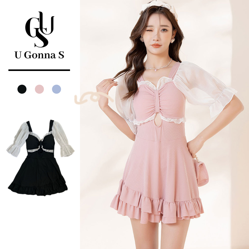 Set đồ bơi U GONNA S tay ngắn màu trơn phong cách Hàn Quốc quyến rũ thanh lịch đơn giản 2023 dành cho nữ