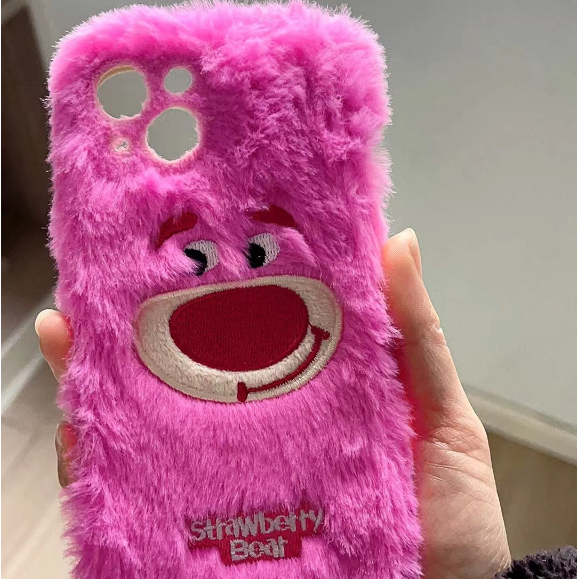 Ốp Điện Thoại Lông Xù Mềm Hình Gấu Dâu Tây Mặt Cười Cho iPhone 14 12 11 13 Pro max 7 8 Plus 6s xr xs max