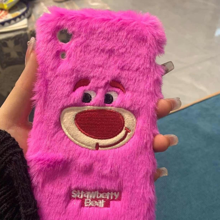 Ốp Điện Thoại Lông Xù Mềm Hình Gấu Dâu Tây Mặt Cười Cho iPhone 14 12 11 13 Pro max 7 8 Plus 6s xr xs max