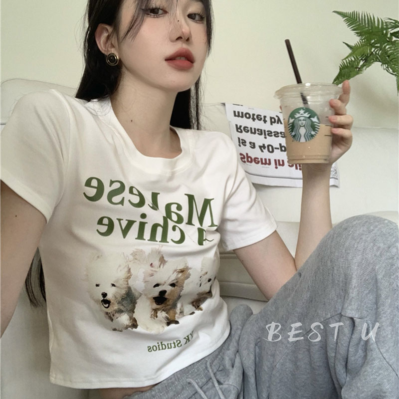 Áo Thun cotton Ngắn Tay In Hình Chú Chó Đáng Yêu Cho Nữ