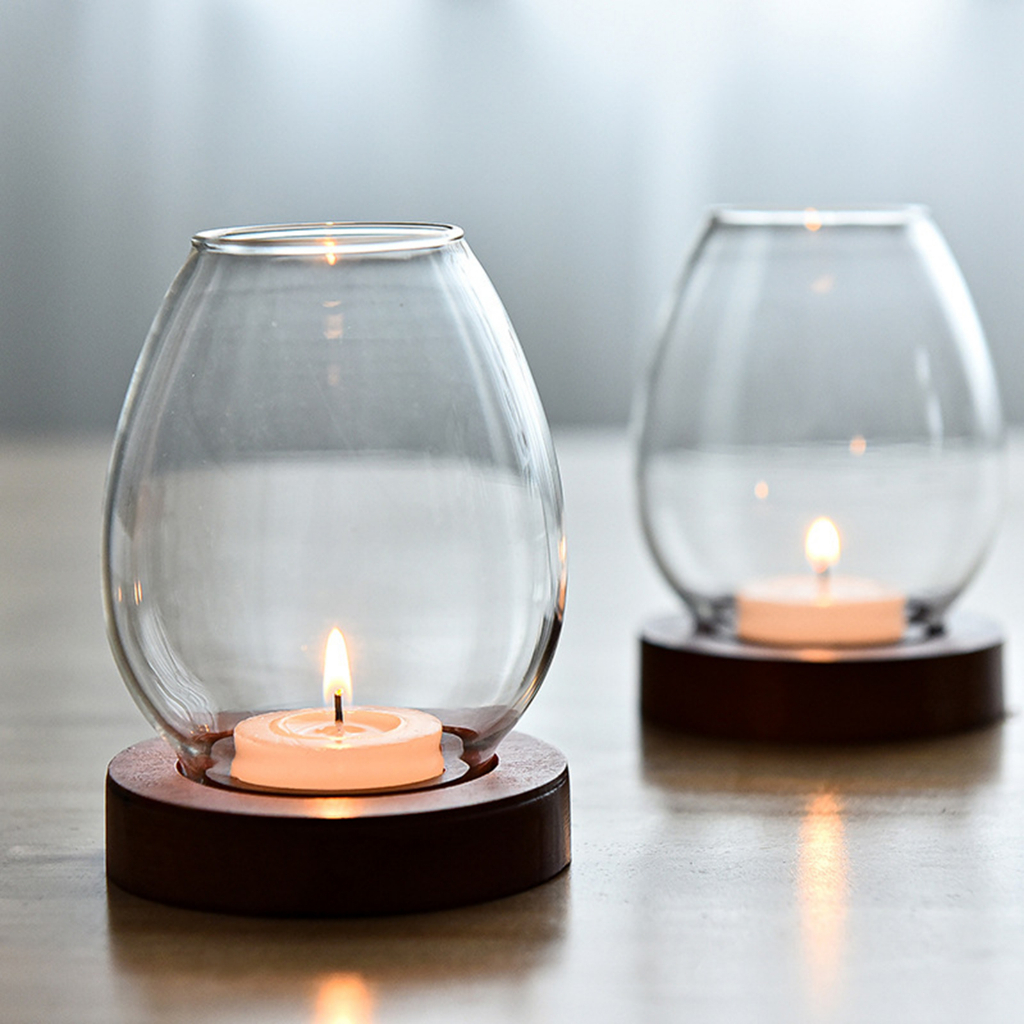 Giá Đỡ Đèn Cầy Bằng Kính Đế Gỗ Phong Cách Bắc Âu Độc Đáo Trang Trí
