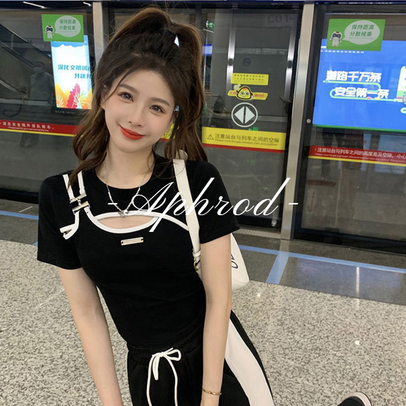 Áo Thun Tay Ngắn Cổ Tròn Dáng Ôm Thiết Kế Khoét Lỗ Đơn Giản Thời Trang Mới