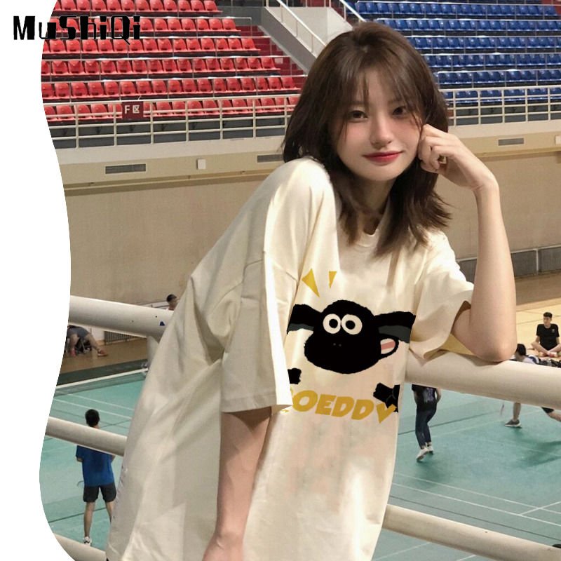 Áo thun MUSHIQI cotton 100% tay ngắn in hình cừu thiết kế mới cho nữ