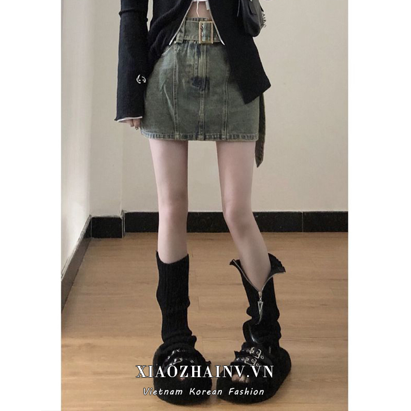 Xiaozhainv Chân váy jean Chữ A Lưng Cao Thời Trang Retro Cho Nữ