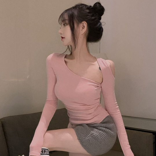 COZOK Áo Thun Tay Dài Trễ Vai Dáng Ôm Gợi Cảm Dễ Phối Đồ Hợp Thời Trang
