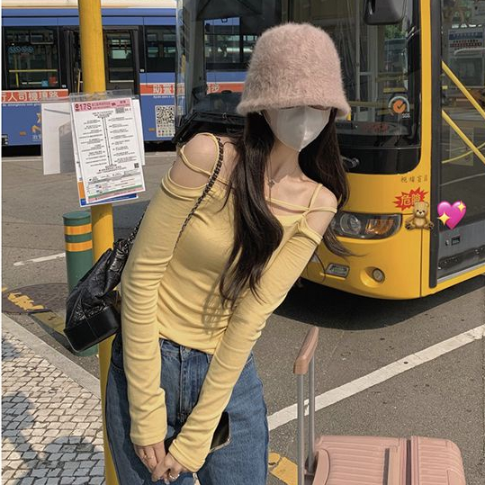 COZOK Áo Thun Tay Dài Lệch Vai Quyến Rũ Dễ Phối Đồ Hợp Thời Trang