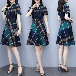 Đầm Sơ Mi Tay Ngắn Dáng Chữ A Lưng Cao Họa Tiết Kẻ Sọc Thời Trang Mùa Hè Xinh Xắn Cho Nữ