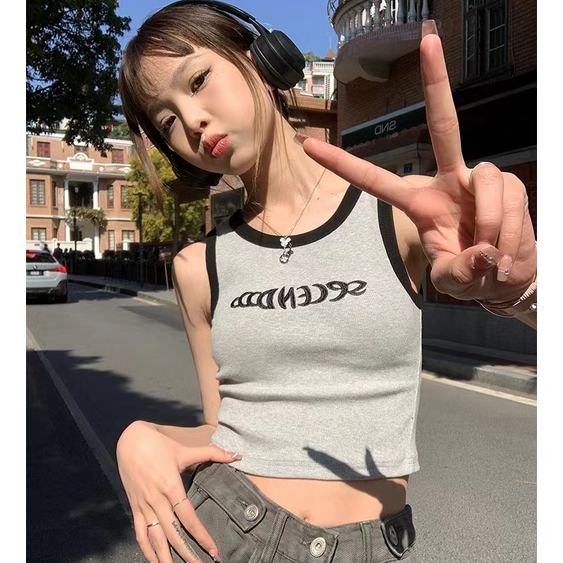 Suxi Áo Tank Top Dệt Kim Cổ Thuyền In Chữ Đơn Giản Thời Trang Mùa Hè Phong Cách Hàn