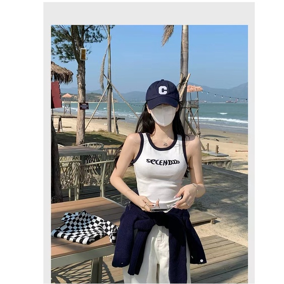 Suxi Áo Tank Top Dệt Kim Cổ Thuyền In Chữ Đơn Giản Thời Trang Mùa Hè Phong Cách Hàn