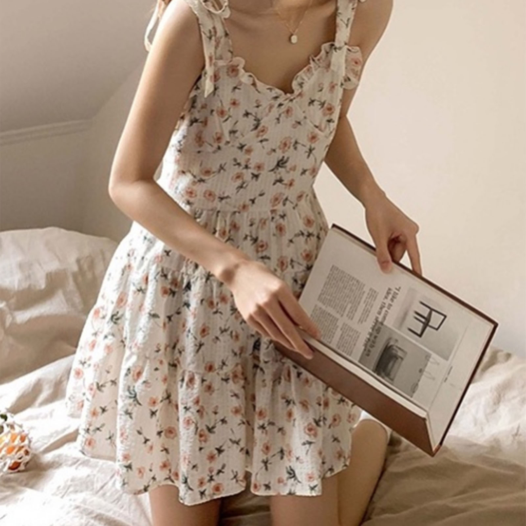 ❤ Đầm Hai Dây Màu Trơn In Họa Tiết Hoa Phong Cách Pháp Cổ Điển Thời Trang Cho Nữ