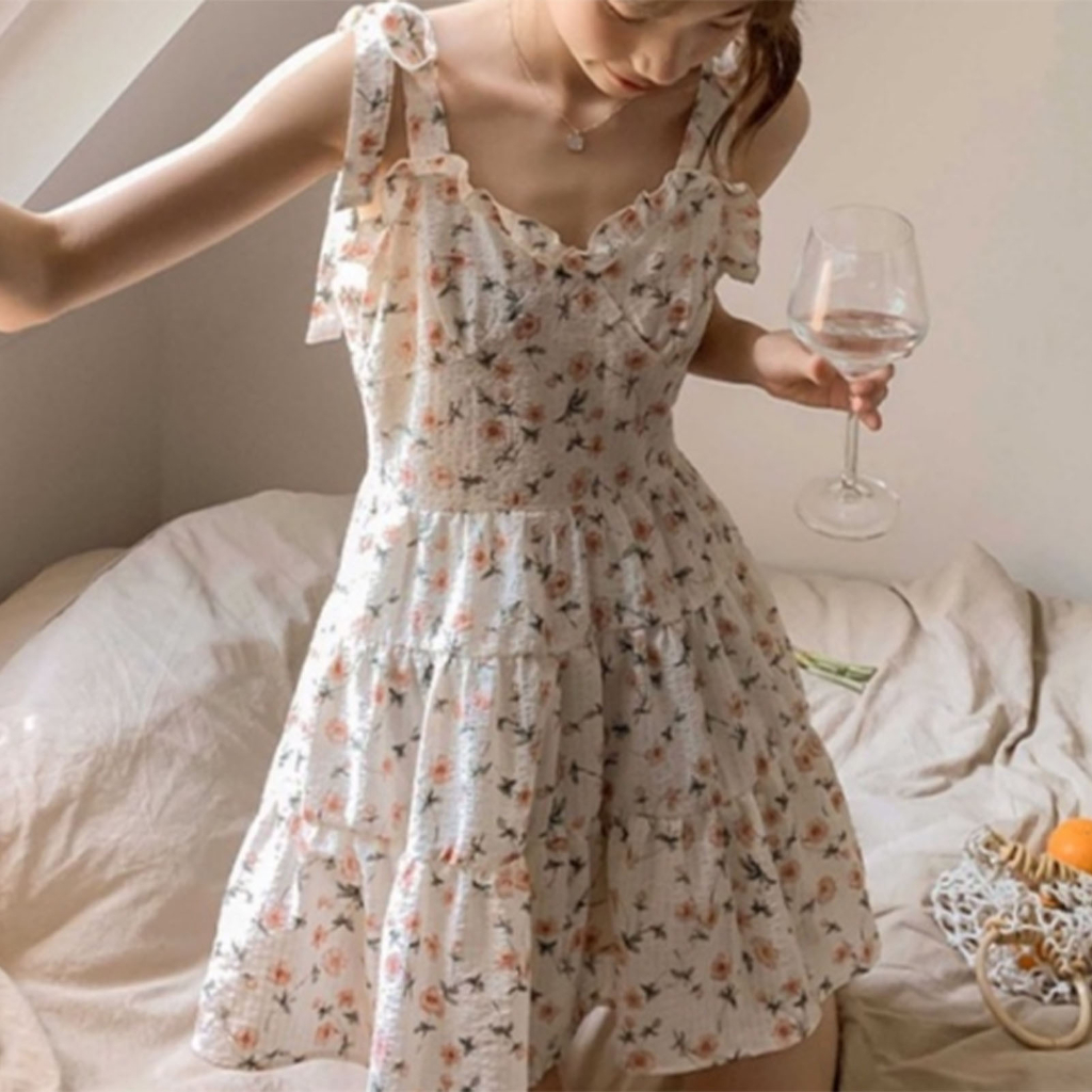 ❤ Đầm Hai Dây Màu Trơn In Họa Tiết Hoa Phong Cách Pháp Cổ Điển Thời Trang Cho Nữ